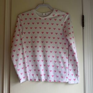 LAKE Pajamas Women XS White Pink Heart Print Pima Cotton Long Sleeve Tee Top